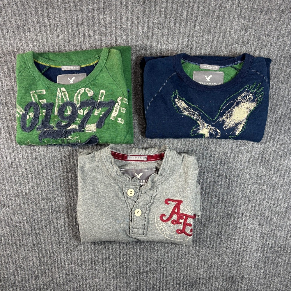 American Eagle Shirts Mens XS S Multi Henley Graphic Vintage Fit Long Sleeve 3pc